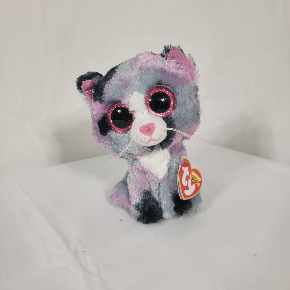 2017 Ty Beanie Boos - Lindi Pink & Grey Tabby Cat - Soft Plush Stuffed Toy 6"